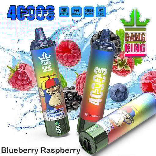 Promotional Image Featuring Bang King Disposable Vape Device With A Blueberry Raspberry Flavor, Depicted With Its Colorful Packaging And Fruit Illustrations In The Background.