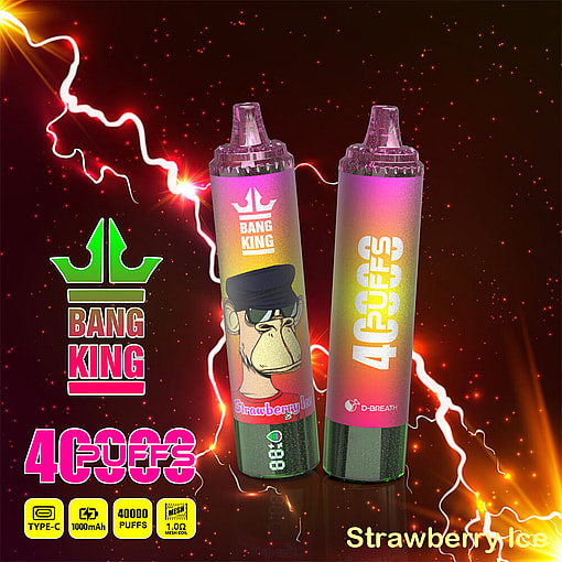Promotional Image Featuring Vibrant, Colorful Vape Devices Labeled &Quot;Bang King&Quot; With A 40,000 Puffs Specification And Strawberry Ice Flavor, Presented Against A Dynamic, Electrified Background.