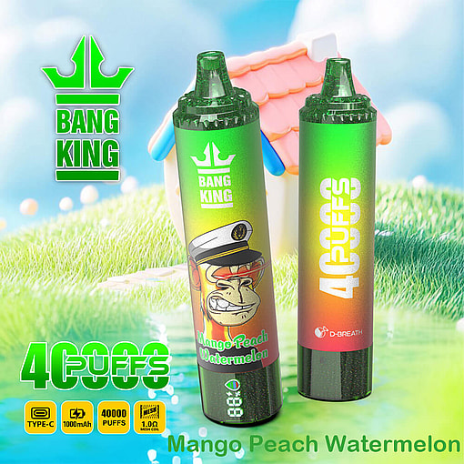 Two Colorful Bang King Disposable Vape Devices On Grass With Branding Details, Featuring The Flavor &Quot;Mango Peach Watermelon&Quot; And Specifications For Puff Count And Battery Capacity.