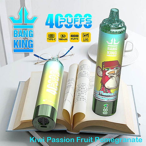 Promotional Display Of The Bang King Vape Device Featuring Bright Green Coloring, Product Specifications, And Flavors, With A Focus On 40,000 Puffs And Kiwi Passion Fruit Pomegranate Flavor.
