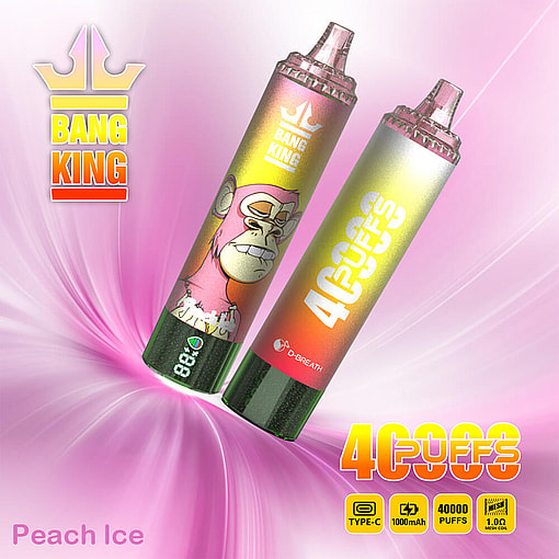 Promotional Image Showcasing Two Colorful Vaping Devices With A Pink And Yellow Gradient, Labeled 'Bang King' And '40000 Puffs', Set Against A Pink Abstract Background With Product Details Displayed At The Bottom, Including 'Peach Ice' Flavor And Technical Specifications.