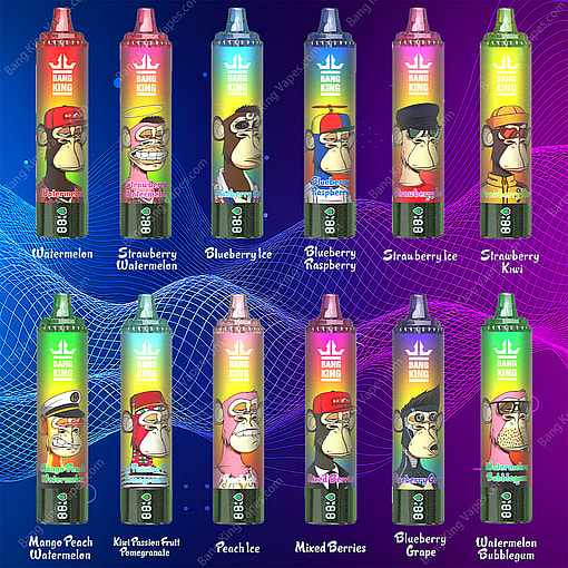 A Promotional Image Displaying A Collection Of 12 Bang King Vape Devices, Each Depicting Unique Themed Artwork And Labeled With Flavors Such As Strawberry Watermelon, Kiwi Passion Fruit Pomegranate, And Blueberry Grape, Presented Against A Colorful, Wavy Gradient Background.