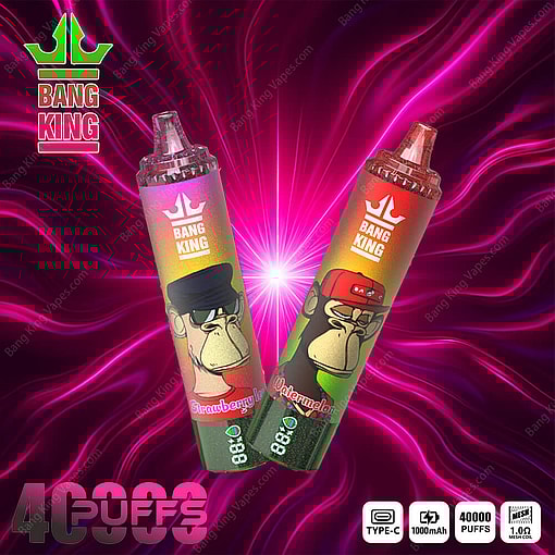 Two Bang King Disposable Vape Devices With Vibrant Packaging Featuring Cartoon Gorilla Characters, 'Strawberry Ice' And 'Watermelon,' Highlighted On A Pink And Purple Glowing Background With 40,000 Puffs Noted.