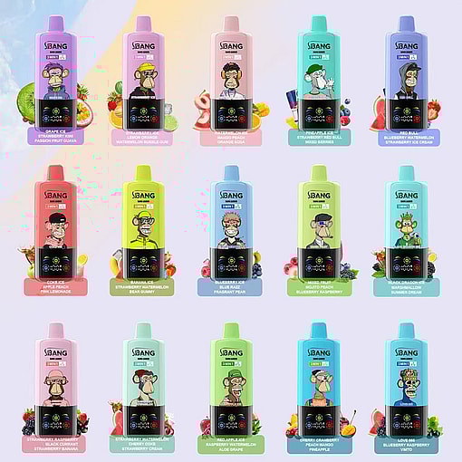 A Compilation Of 15 Colorful E-Liquid Bottles From The Sbang Brand, Each Featuring Unique Fruit-Flavored Combinations, Diverse Cartoon Illustrations On The Packaging, And A Vivid Background Arrangement Of The Depicted Fruits.