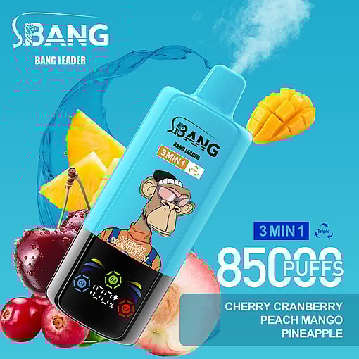 Advertising Image Of A Disposable Vape Device Branded 'Bang Leader' With A Cartoon Monkey Graphic, Surrounded By Fruit Imagery Including Pineapple, Cherries, And Mango, Labeled With Features Such As '3-In-1,' '8500 Puffs,' And Flavors 'Cherry Cranberry,' 'Peach Mango,' And 'Pineapple'.