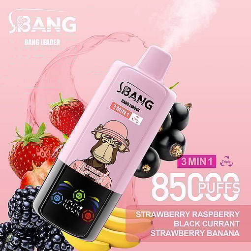 Promotional Image Of A Pink Disposable Vape Device Branded 'Bang Leader 3Min1' Featuring A Cartoon Monkey With Text Highlighting Flavors Including Strawberry, Raspberry, Black Currant, And Banana, Advertising 8500 Puffs On A Colorful Background With Fruit Illustrations.