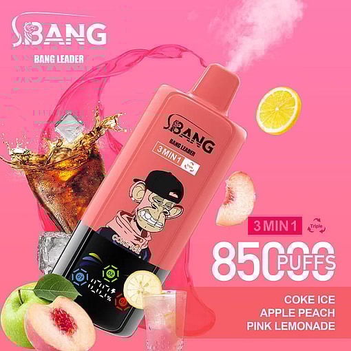 Promotional Image Of A Bang Disposable Vape Device In Pink Flavor-Themed Design, Featuring Flavors Including Coke Ice, Apple Peach, And Pink Lemonade, With Visuals Of Corresponding Fruits And Beverages Against A Vibrant Pink Background.