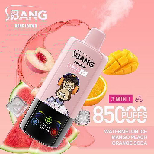 Promotional Image Of The Bang Leader 3-In-1 Vaping Device, Featuring A Graphic Of A Monkey Wearing Headphones And Offering 8500 Puffs With Flavors Including Watermelon Ice, Mango Peach, And Orange Soda, Set Against A Pink Background With Fruit Illustrations.
