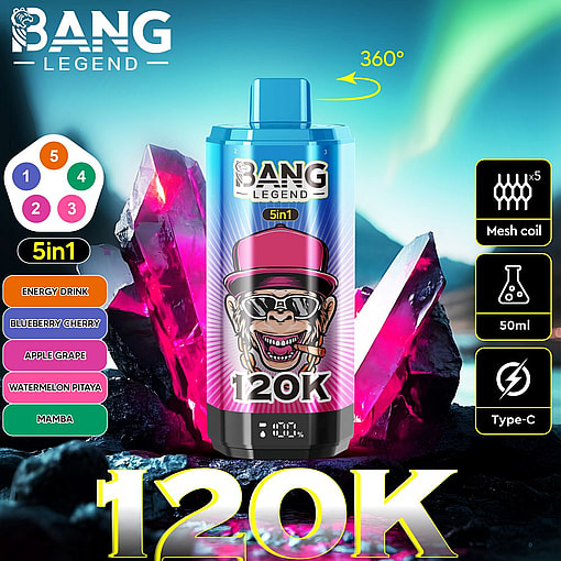 A Marketing Image Featuring A Bang Legend 5-In-1 Vape Device With 120K Puffs, Set Against A Background Of Glowing Crystals And An Aurora Sky, Highlighting Product Features Like Mesh Coil, 50Ml Capacity, Type-C Charging, And Five Flavor Options.