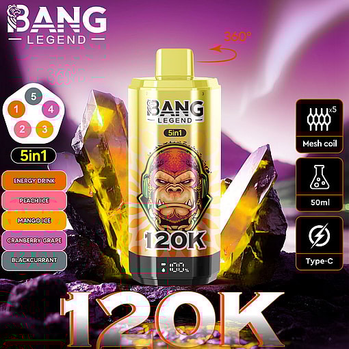 Promotional Image For The Bang Legend 5In1 Device Featuring Multiple Flavor Options, Detailed Product Highlights Such As Mesh Coil And 50Ml Capacity, Displayed Against A Vibrant Background With Glowing Crystals.