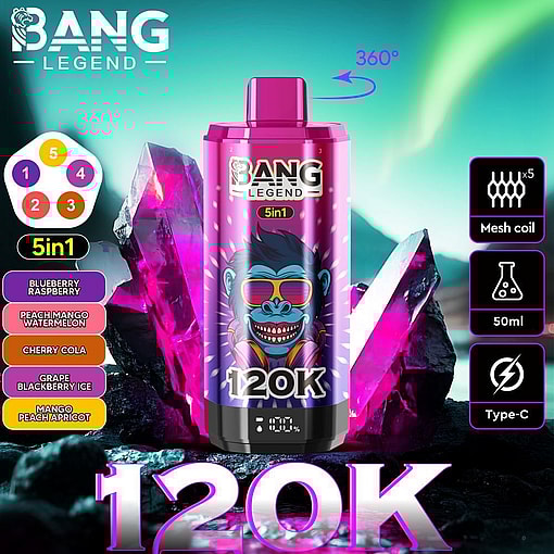A Promotional Graphic For The Bang Legend 5-In-1 Vaping Device Featuring A Vibrant Pink And Purple Design With An Illustrated Blue Gorilla Wearing Sunglasses, Surrounded By Glowing Purple Crystals, And Highlighting Features Like 360-Degree Rotation, Mesh Coil Technology, And Type-C Charging.