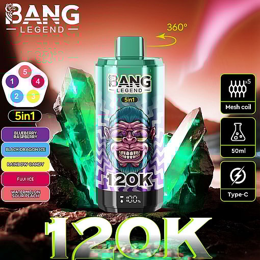 Promotional Image For The 'Bang Legend' 5-In-1 Vaping Device, Featuring A Green And Purple Design Accented With Glowing Green Crystals And Product Specifications Displayed Around It, Such As Mesh Coil, Type-C Charging, And 50Ml Capacity.
