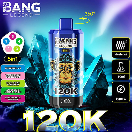 Promotional Graphic For The Bang Legend 5-In-1 Vape Device Featuring Multiple Flavor Options, A Mesh Coil, 50Ml Capacity, And Usb Type-C Charging On A Background With Glowing Blue Crystal Formations.