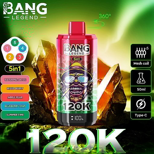 Promotional Image For A 'Bang Legend 120K' Vape Displaying Its 5-In-1 Flavors, Mesh Coil Design, 50Ml Capacity, And Type-C Charging Compatibility Against A Green And Gold Background.