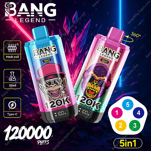 Promotional Image Featuring Two 'Bang Legend 120000 5In1 Vapes With Colorful Gorilla-Themed Designs, Highlighting Features Like 120,000 Puffs, Mesh Coil, 50Ml E-Liquid Capacity, And Usb Type-C Charging On A Vibrant Neon Background.
