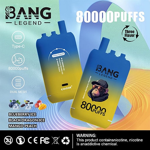 Promotional Image For The Bang Legend Disposable Vape, Showcasing A Colorful Design With Features Including Type-C Charging, 80,000 Puffs, And Varieties Like Blueberry Ice And Mango Peach. Contains A Nicotine Warning Disclaimer.