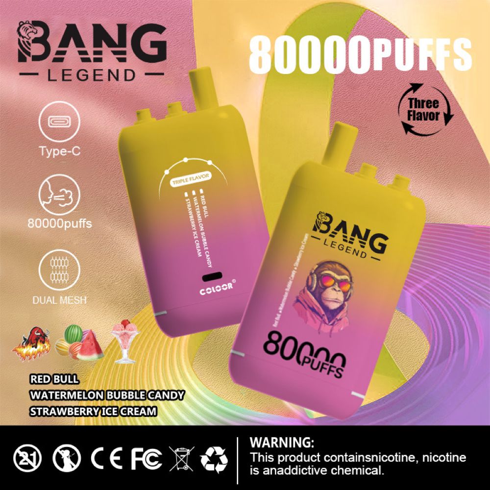 Promotional Image Featuring Two Yellow And Pink Gradient Vaping Devices Labeled 'Bang Legend' With 80,000 Puff Capacity, Type-C Compatibility, Triple Flavors, And Warnings About Nicotine Content.