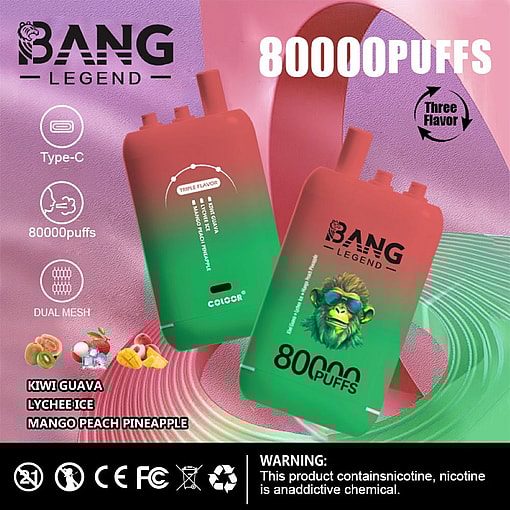 Promotional Image For The Bang Legend Device Showcasing Its Features, Including 80,000 Puffs, Type-C Charging, And Dual Mesh Technology, With Available Flavors Kiwi Guava, Lychee Ice, And Mango Peach Pineapple, Against A Colorful Background With Warnings Regarding Nicotine Content.