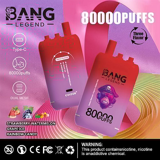 Promotional Image For Bang Legend Vape, Featuring A Red Device With '80000 Puffs' Capacity, Three Flavors Including Strawberry Watermelon, Grape Ice, And Rainbow Candy, And A Type-C Charging Port.