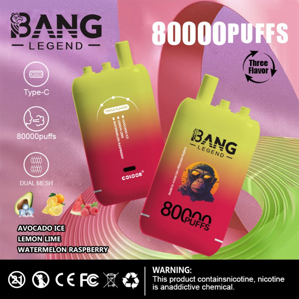Advertisement Featuring Bang Legend Electronic Vaping Devices Presenting Flavors And Attributes Like 80000-Puff Capacity, Dual Mesh Filter, Multiple Flavors Including Avocado Ice, Lemon Lime, And Watermelon Raspberry, And A Type-C Charging Port.