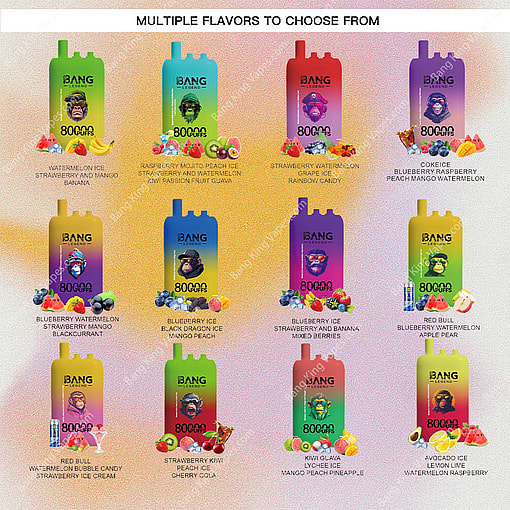 A Promotional Image Displaying An Array Of Bang Legend Disposable Vape Pens In 12 Assorted Flavors, Each Showcasing Vibrant Packaging And Corresponding Flavor-Related Fruits Beneath Them.