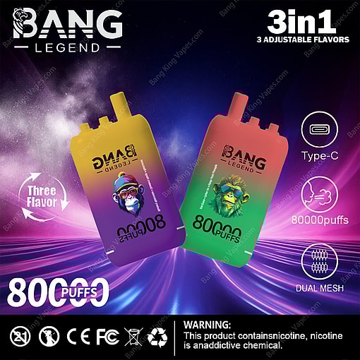 Promotional Graphic For Bang Legend 80000 Vaping Devices Featuring Two 80000 Puffs Models With Adjustable Flavors, Type-C Charging, And Dual Mesh Technology Against A Colorful Background, Including A Nicotine Warning.