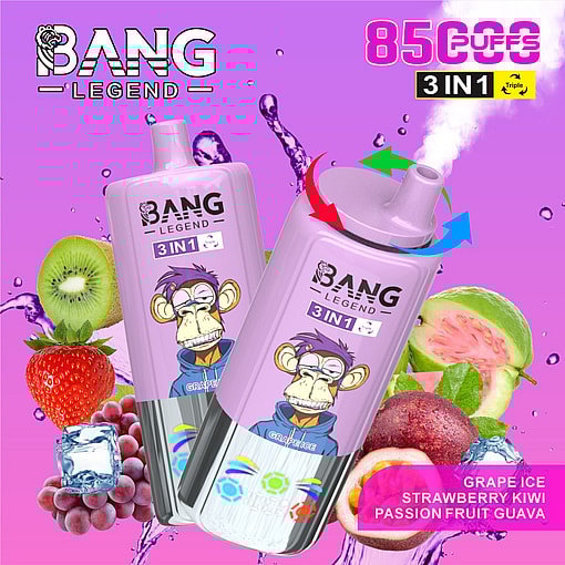 Werbebild für Bang Legend 3-in-1-Einweg-Vape mit Aromen Traubeneis, Erdbeerkiwi und Passionsfrucht-Guave mit entsprechenden Fruchtvisuals vor einem lila Hintergrund.