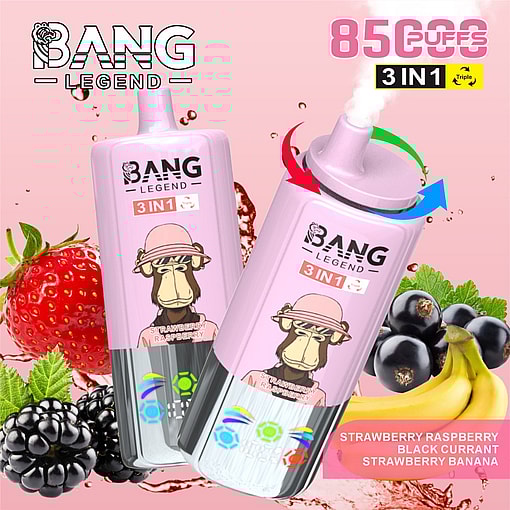 Werbebild von Bang Legend 3-in-1-Einweg-Vape-Gerät mit Erdbeer, Himbeer, schwarzer Johannisbeeren, Bananenaromen und farbenfrohen Grafiken.
