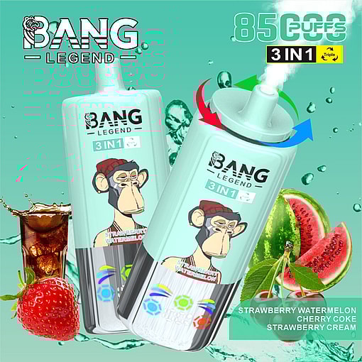 Werbebild von Bang Legend 3-in-1-Dampfgerät mit einer Cartoon-Affengrafik und den Aromen: Erdbeer-Wassermelone, Cherry Cola und Erdbeercreme mit begleitenden Aroma-Bildern und Gerätefunktionalität hervorgehoben.