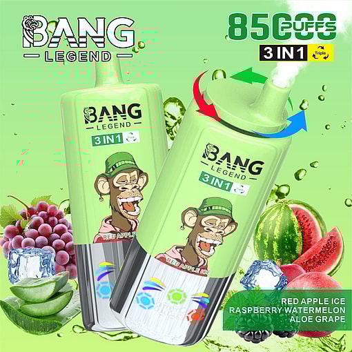 Werbebild des 3-in-1-Vape-Geräts von Bang Legend mit einem grünen Affen-Maskottchen- und Geschmacksoptionen rotes Apfeleis, Himbeer-Wassermelone und Aloe-Traube mit einer Kapazität von 8500 Puffs, die vor einem grünen Hintergrund mit Früchten und Eiswürfeln angezeigt werden.