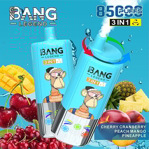 Werbebild für 'Bang Legend 3-in-1' Vaping-Gerät mit einem animierten Charakter und den Hervorhebung der Aromen von Kirschkranbeeren, Pfirsich-Mango und Ananas vor einem blauen Kulisse mit Früchten und Wasserspritzelementen.