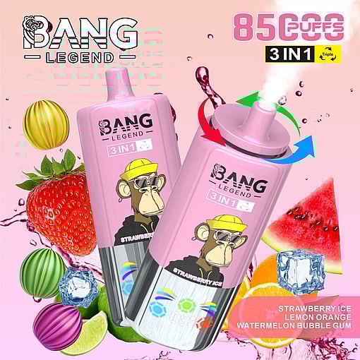 Werbebild für Bang Legend 3-in-1-Vape mit einem rosa Gerät mit lebendigen Früchten wie Strawberry, Watermelone, Orange und Melone auf einem Pastellhintergrund, der die Aromen und die Puffzahl betonen.