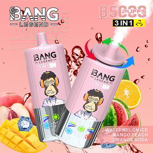 Vape-Produkt von 'Bang Legend', mit zwei Geräten mit Affen, die Kopfhörer tragen, die als 3-in-1 mit drei ausgewählten Aroma-Optionen bezeichnet werden, sowie Bilder von Wassermelone, Pfirsich, Mango und Soda-Wasser mit einer Darstellung von Dampf, die von einem Gerät ausgeht.