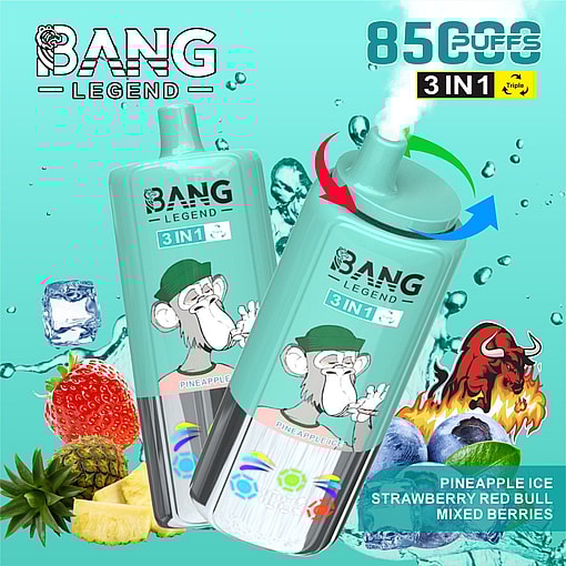 Werbebild für Bang Legend 3-in-1-Vape mit lebendigen Illustrationen eines Affen, Obstaromen wie Ananas, Erdbeer, Blaubeeren und Red Bull, mit 8500 Puffs.