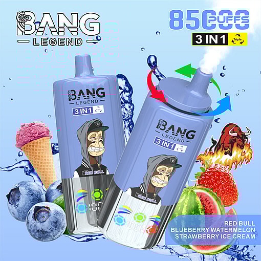 Werbebild von "Bang Legend 3-in-1" -Vape-Geräten mit Blaubeer-, Wassermelon- und Erdbeer-Eis-Geschmacksthemen sowie grafischen Elementen wie Cartoon-Kunst, Fruchtdarstellungen und einem Text, der '8500 Puffs' hervorhebt.