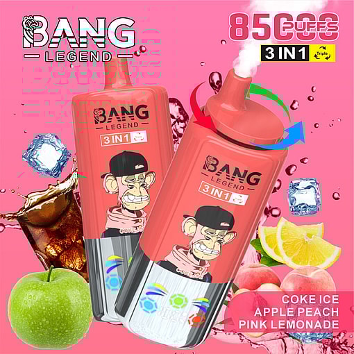 Werbebild für ein Einweg-Vape-Produkt, das als Bang Legend 3-in-1 mit Flavours Cola Ice, Apple Peach und Pink Limonade mit farbenfrohen Verpackungen und Hintergrundelementen zum Thema Geschmack bezeichnet wird.