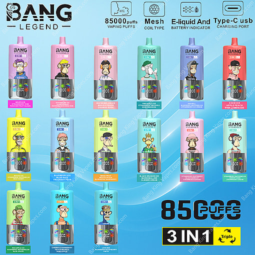 Farbenfrohe Aufstellung der Einweg-Bang-Legende 3-in-1-Dampfgeräte mit jeweils eine Cartoon-Zeichnung und verschiedene Geschmacksoptionen, die vor einem blauen Gradientenhintergrund angezeigt werden, wobei Text-Herd-Funktionen wie 85.000 Puffs, Maschenspulenart und USB-Typ-C-Ladekompatibilität.