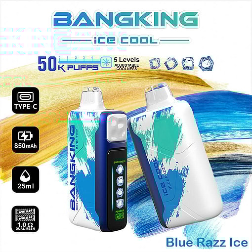 Promotional Image Of The Bangking Ice Cool Blue Razz Ice Disposable Vape Device Featuring Design Elements, Specifications Such As 50K Puffs Capacity, Adjustable Coolness Levels, Type-C Charging, 850Mah Battery, And 25Ml Liquid Capacity.