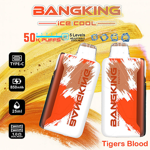 Promotional Image Of Bang King Disposable Vape Devices Featuring Specifications Such As 50,000 Puffs, Type-C Charging, A 25Ml Liquid Capacity, And Tigers Blood Flavor With An Orange And White Design.
