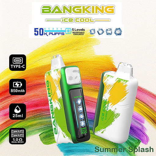 A Promotional Banner Featuring The Bang King Ice Cool Vaping Devices In A Green And White Design With Features Including Type-C, 850 Mah Battery Capacity, And 25Ml Capacity, Shown On A Colorful Background.