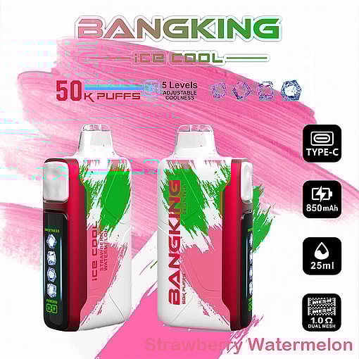 Promotional Image Of Bangking Ice Cool Strawberry Watermelon Vape Device Featuring A 50,000 Puffs Capacity, 5-Level Adjustable Coolness, 850Mah Battery, And A 25Ml Pod, Designed With A White And Red Body And Type-C Charging Support.