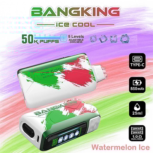 Colorful Advertisement For Bangking Ice Cool Watermelon Ice Vaping Device Featuring Details Like Adjustable Coolness Levels, 50K Puffs, Type-C Charge Port, 850 Mah Battery, And 25Ml Capacity With Dual Mesh Technology.
