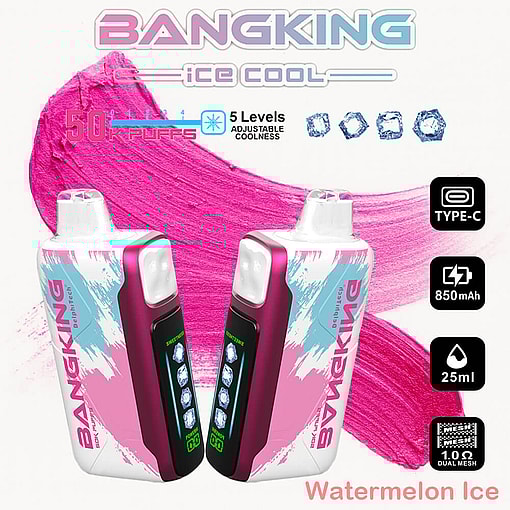 Promotional Image Of The Bangking Ice Cool Vape Device In Watermelon Ice Flavor, Showcasing Two Devices With Pink And White Color Accents, A Digital Display, And Various Features Such As 50K Puffs, Adjustable Coolness, An 850Mah Battery, And 25Ml Of E-Liquid Capacity.