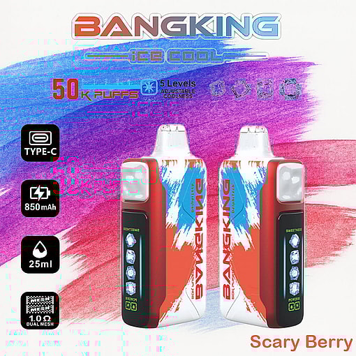 Two Bangking Brand Disposable Vape Devices, Labeled With The Flavor &Quot;Scary Berry,&Quot; Featuring A Red And White Design, Specifications Of 850 Mah Battery, 25 Ml Capacity, And Type-C Charging, Displayed Against A Vibrant, Colorful Background.