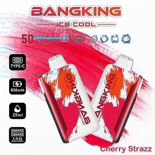 Promotional Image For Bangking Disposable Vape Device In Cherry Strazz Flavor, Showing Two Vapes With A Red And White Color Scheme, 50,000 Puffs Capacity, 850 Mah Battery, 25 Ml E-Liquid, Type-C Charging, And Adjustable Coolness Levels.
