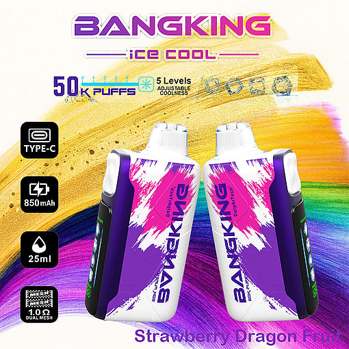 Promotional Image Of Bang King Ice Cool Vape Device Featuring Strawberry Dragon Fruit Flavor, Showcasing Its Specifications Like 850Mah Battery, 50K Puffs Capacity, 25Ml Liquid Volume, Adjustable Coolness Levels, And Type-C Charging Port Against A Colorful Background.