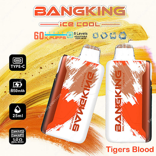 Two Bangking Disposable Vaping Devices Are Displayed With A White And Red Design Labeled 'Tiger'S Blood,' Alongside Highlighted Features Including A Type-C Charging Port, 850Mah Battery, 60,000 Puffs Capacity, 25Ml Liquid Volume, And Adjustable Coolness Levels.