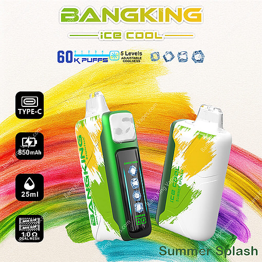 Advertisement For Bangking 'Ice Cool' Vape Device Featuring Colorful Packaging, Adjustable Cooling, 60,000 Puffs Capacity, 25Ml E-Liquid, 850Mah Battery, And Type-C Charging.