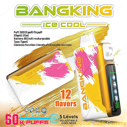 A Promotional Image For Bangking Ice Cool Vape, Featuring A Colorful Device Design Promoting 12 Flavors, 60,000 Puffs, Rechargeable With Usb Type C, And Adjustable Cooling Levels.