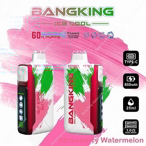 Product Image Of The Bangking Ice Cool Disposable Vape Device In Strawberry Watermelon Flavor, With 60,000 Puff Capacity, Adjustable Coolness, 850Mah Battery, And 25Ml E-Liquid Shown On A Colorful Pink And Green Background.
